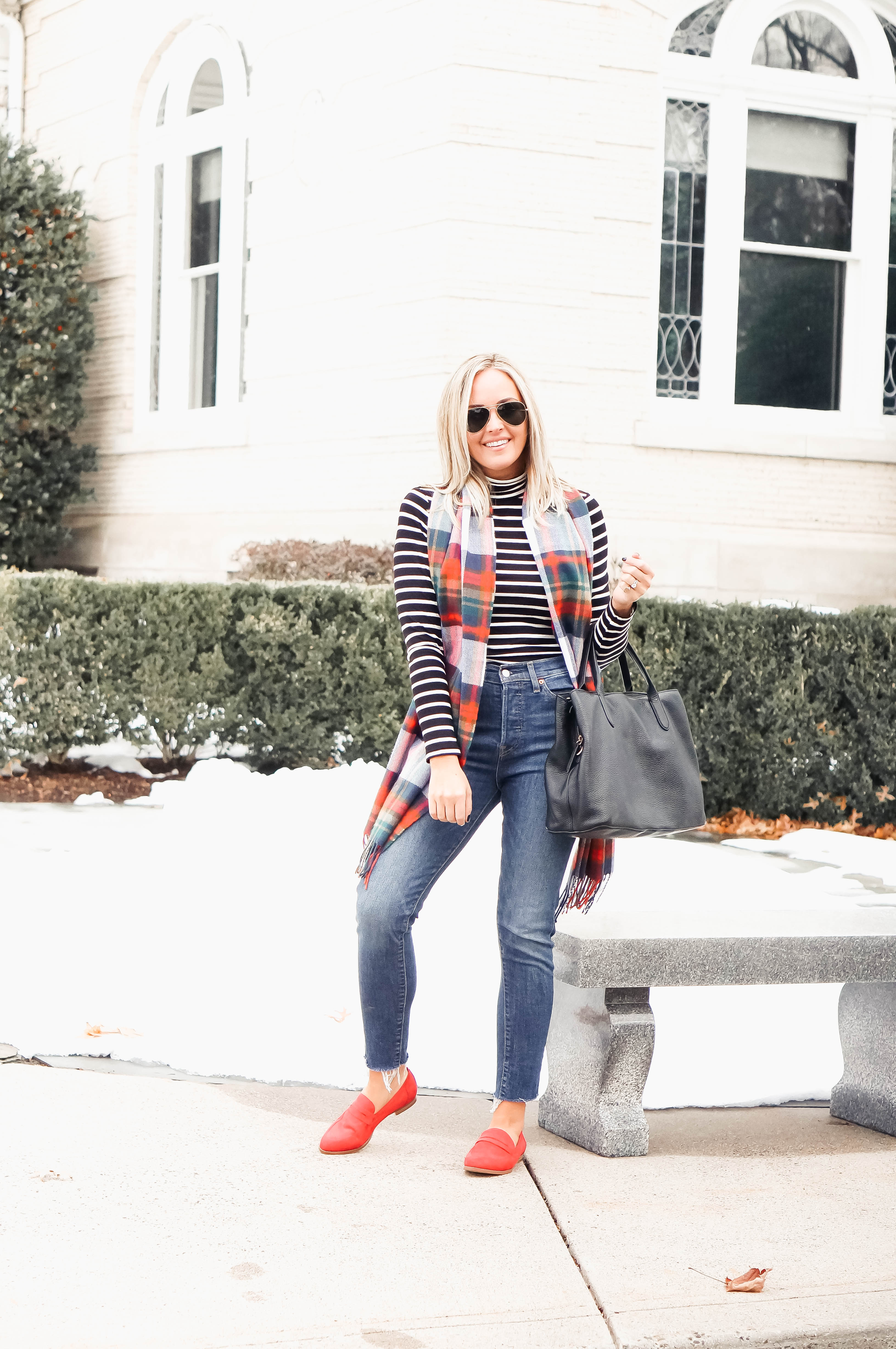 Pattern Mixing: Plaid and Stripes - Red White & Denim