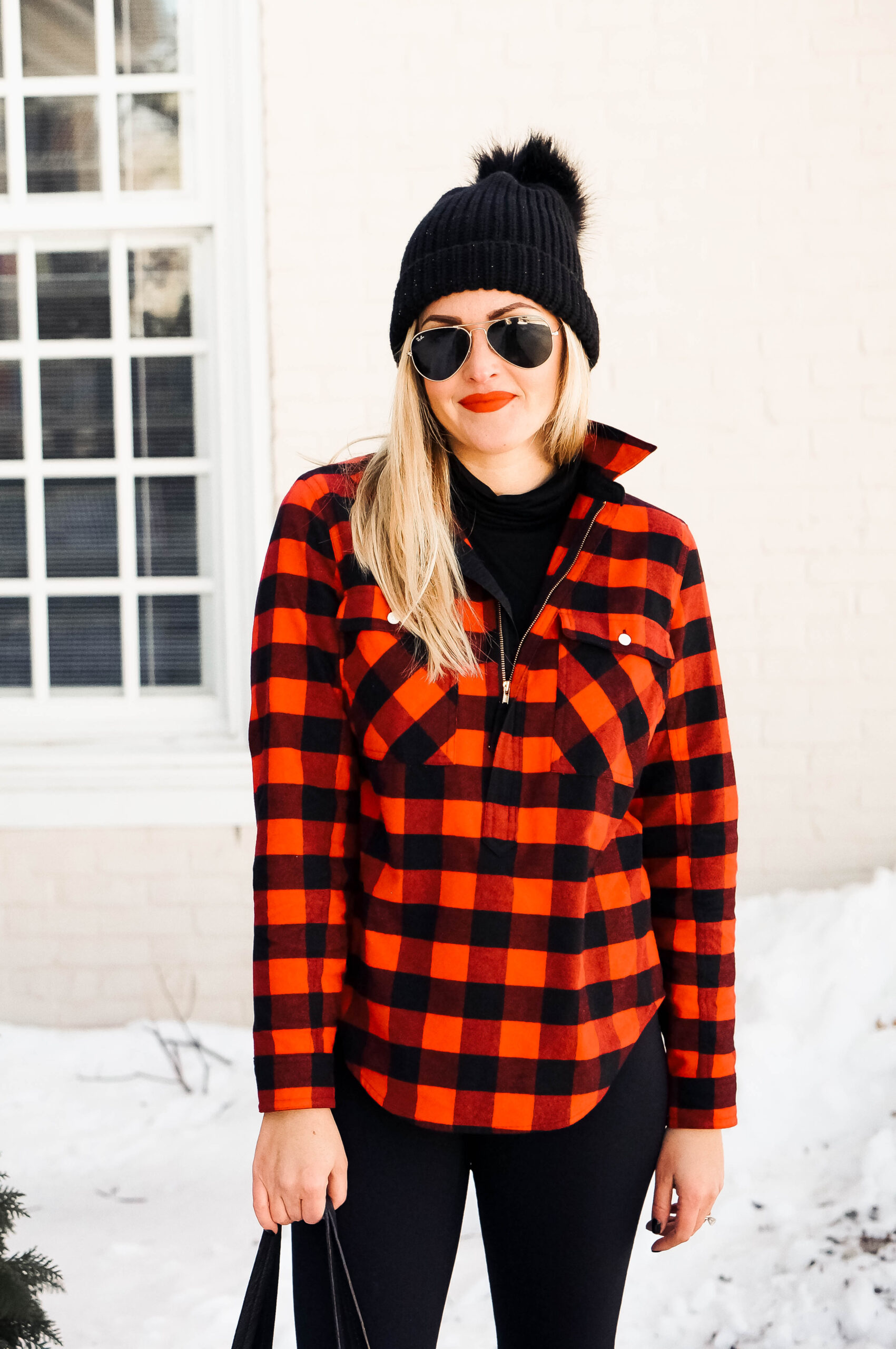 Black Leggings with Red and Navy Plaid Coat Outfits (2 ideas & outfits)