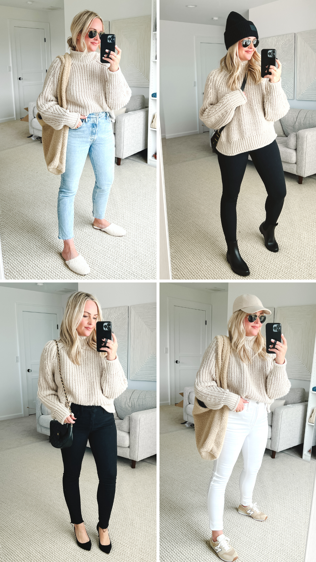 Easy Winter Outfit  Long Cardigan, Neutral Tee, Gray Jeans and
