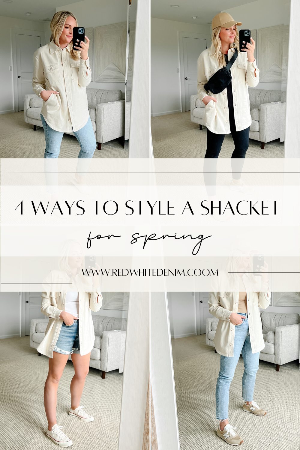 Casual Outfit for Spring  Jeans, White Sneakers and a Shacket
